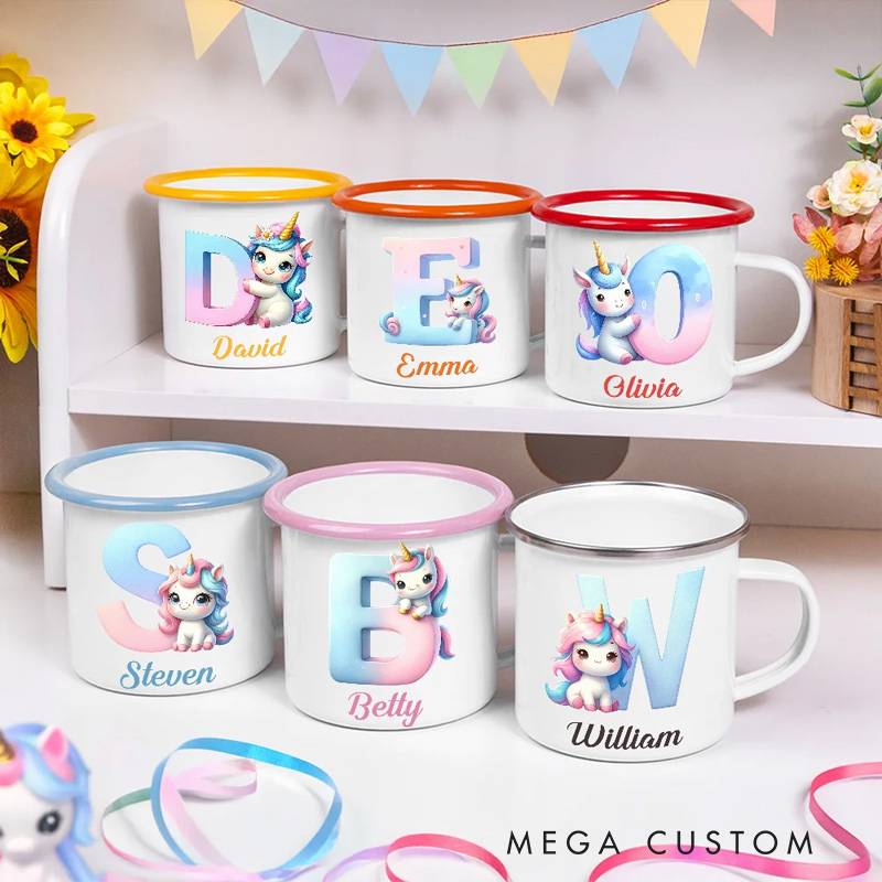 Personalized Fantasy Unicorn Gradient Initial 12 oz Colored Rim Enamel Mug with Name Birthday Children's Day Gift for Girls Boys