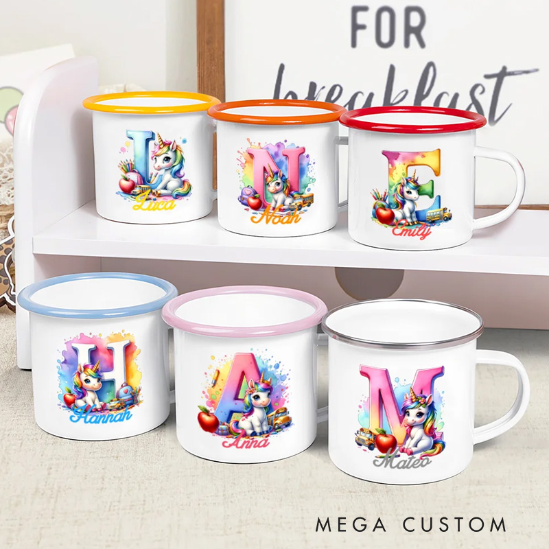 Personalized Fantasy Unicorn 12 oz Colored Rim Enamel Mug with Name and Initial Camping Back to School Birthday Gift for Boys Girls