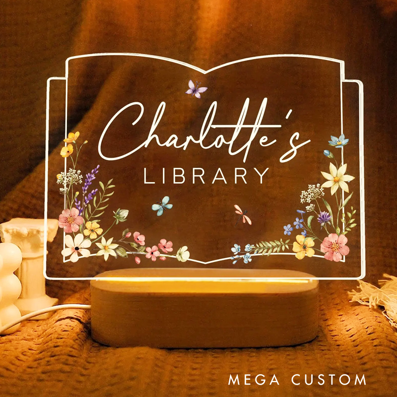 Personalized Book Lover LED Night Light Bookshelf Decor Sign Light with Name Book Shape Flower Light Bookworm Gift Book Lover Gift Bookish Gift