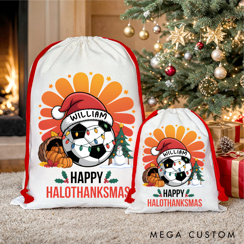 Personalized Christmas Soccer "Happy Halothanksmas" Gift Bag with Custom Name