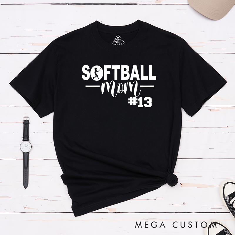 Personalized Softball Mom T-Shirt Design Featuring Bold Text Player Number and a Stylish Softball Silhouette Graphic
