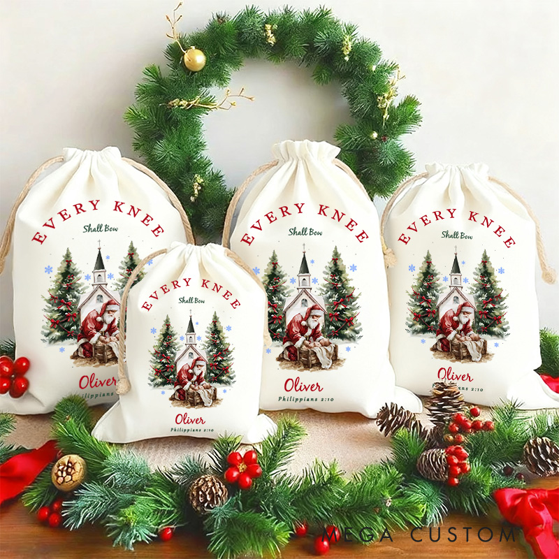 Personalized Every Knee Shall Bow Nativity Scene Santa Sack with Name Drawstring Christmas Tree Gift Bag Jesus Religious Christmas Gift for Christian