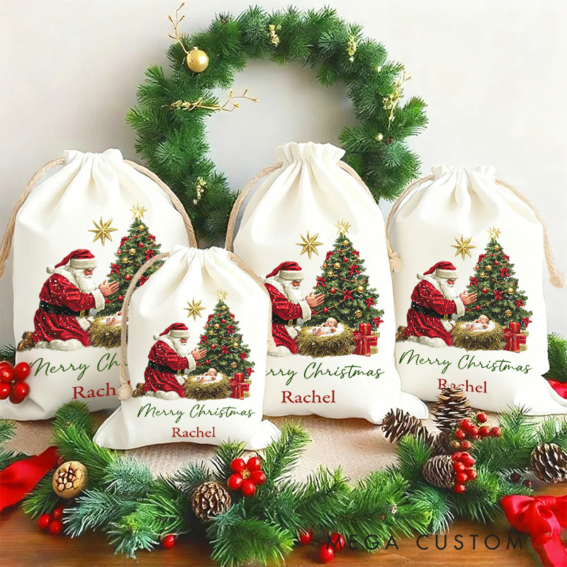 Personalized Nativity Scene Drawstring Canvas Christmas Gift Bag with Name Text Christmas Party Gift Religious Gift