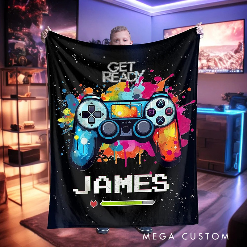 Personalized Color Ink Get Ready Gamepad Blanket Flannel Blanket Gaming Blanket with Name for Game Lovers Gamer