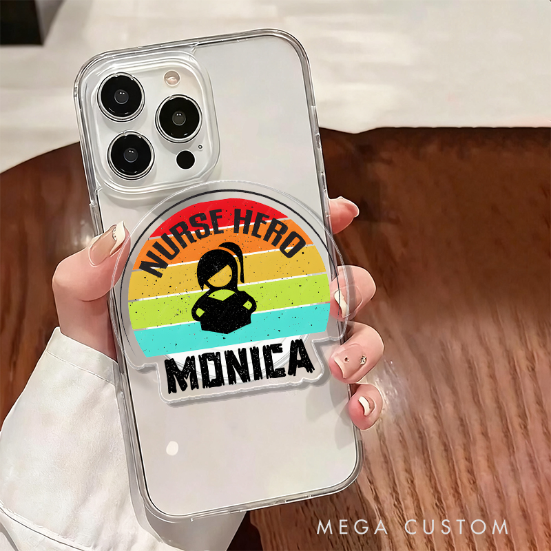 Personalized Magnetic Phone Grip Nurse Hero Rainbow Design with Custom Name