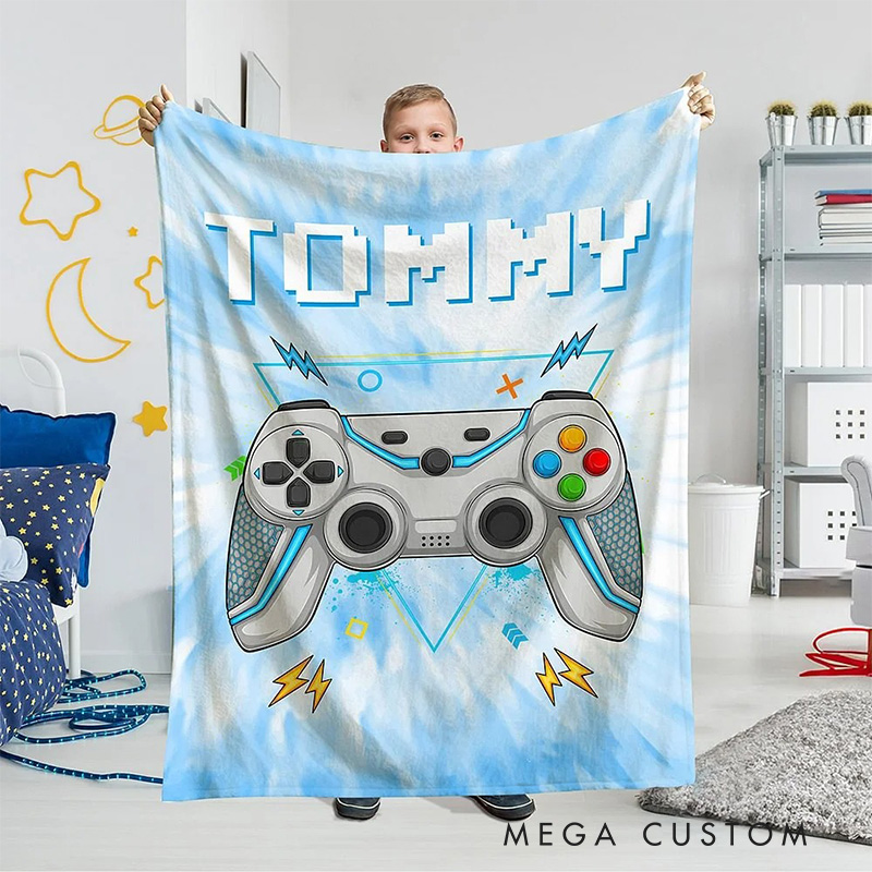 Personalized Multicolor Tie Dye Gamepad Blanket Flannel Blanket Gaming Blanket with Name for Game Lovers Gamer