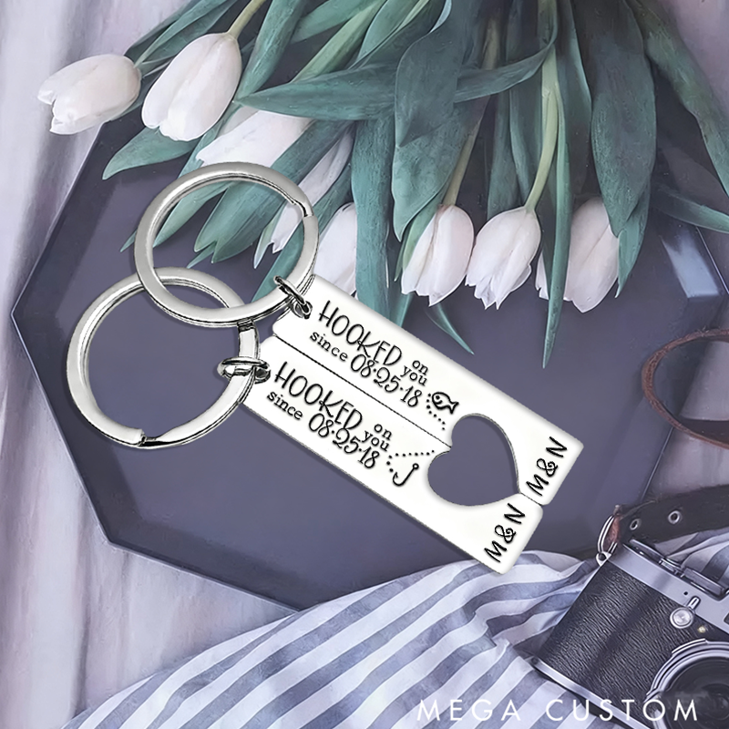 Personalized Couples Fishing Keychains Valentines Day Gifts Custom Keychains Custom Time and Name Romantic Gift for Anniversaries or Fishermen