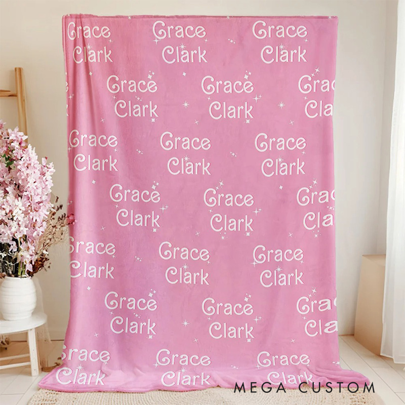 Personalized Pink Dolly Font Repeating Name Sparkle Starlight Blanket Flannel Blanket Movie Blanket with Name for Film Fan