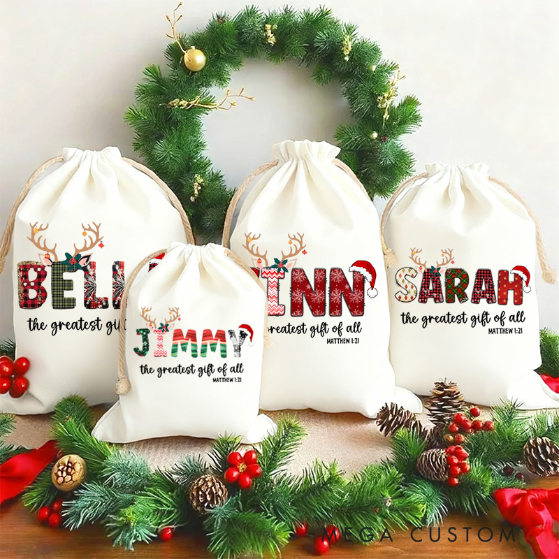 Personalized the Greatest Gift of All Drawstring Canvas Christmas Gift Bag with Name Text Christmas Party Gift Religious Gift