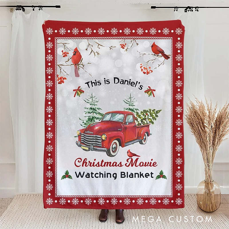Personalized Vintage Red Truck Christmas Movie Watching Blanket Flannel Blanket Movie Blanket with Name for Film Fan