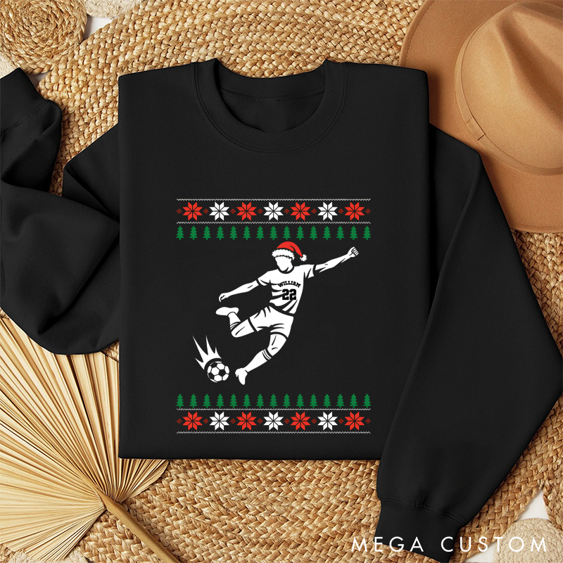 Personalized Soccer Player Christmas Sweatshirt with Festive Design and Custom Name
