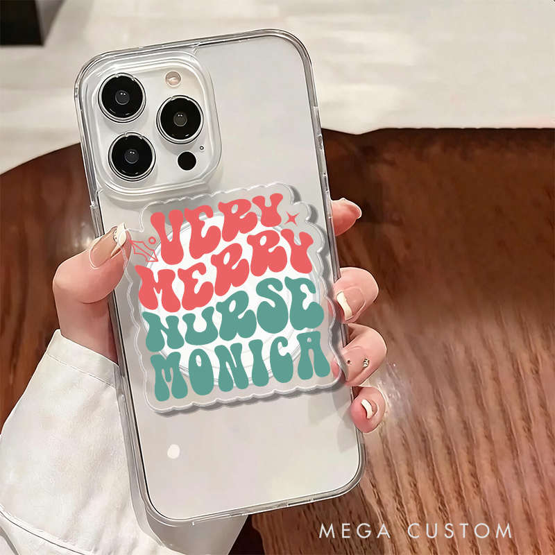Personalized Magnetic Phone Grip Very Merry Nurse Holiday Design with Custom Name