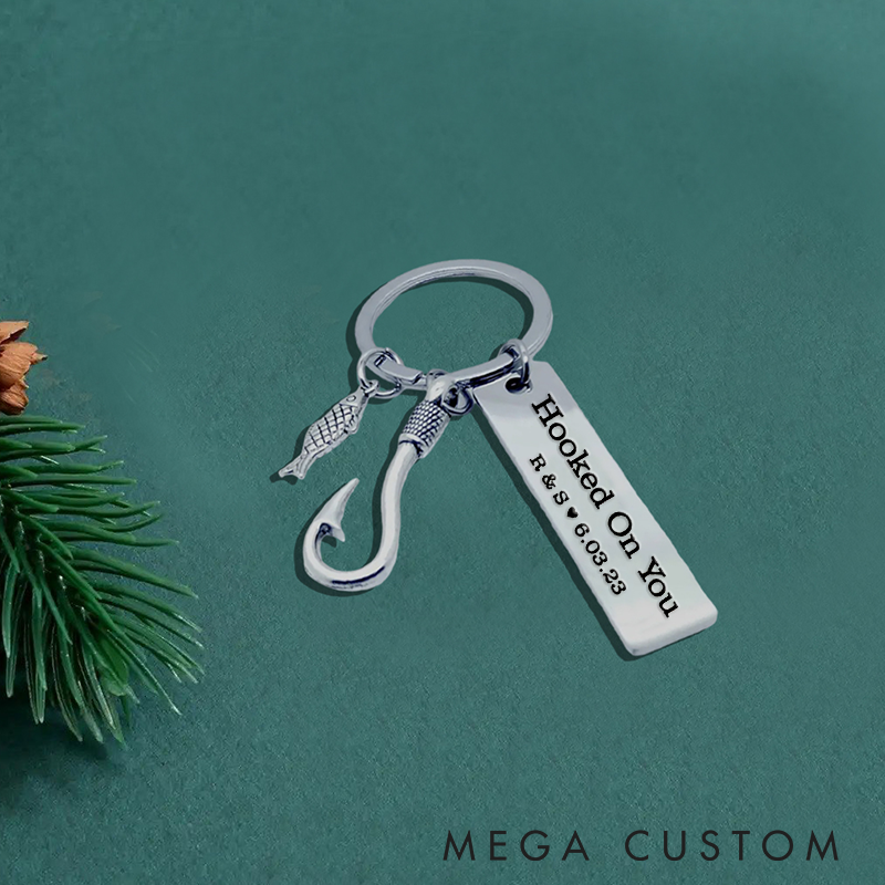 Personalized Fishing Keychain Hooked On You Design with Boyfriend Keychain Husband Gift Perfect Gift for Fishing Lover