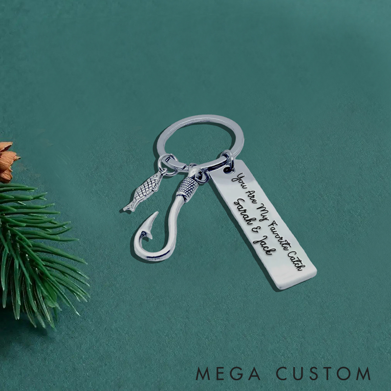 Personalized Fishing Keychain Custom Engraved Text Fish Hook and Charm Design Unique Gift for Fishermen Dad or Husband