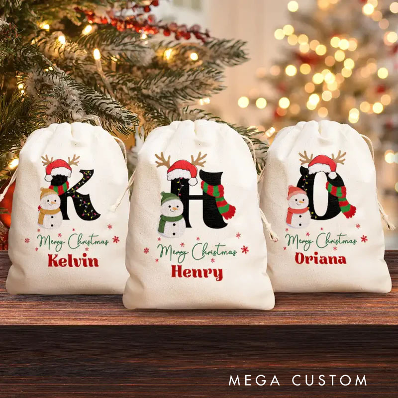 Personalized Festive Initial Christmas Bag with Snowman and Reindeer Details and Name for a Merry Holiday Season