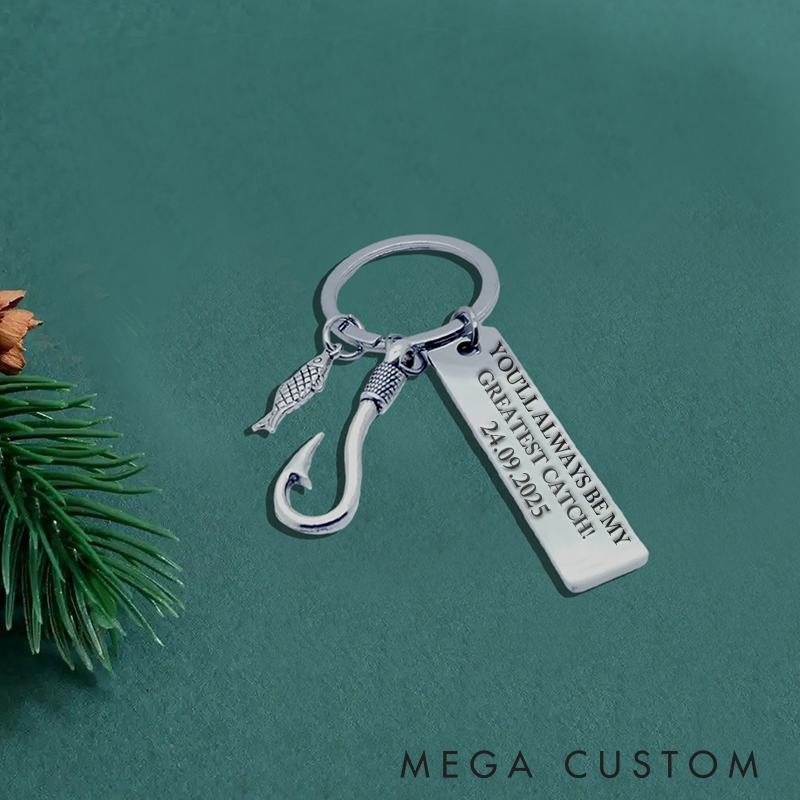 Personalized Fishing Keychain Custom Engraved Text and Time Fish Hook and Charm Design Unique Gift for Fishermen Dad or Husband