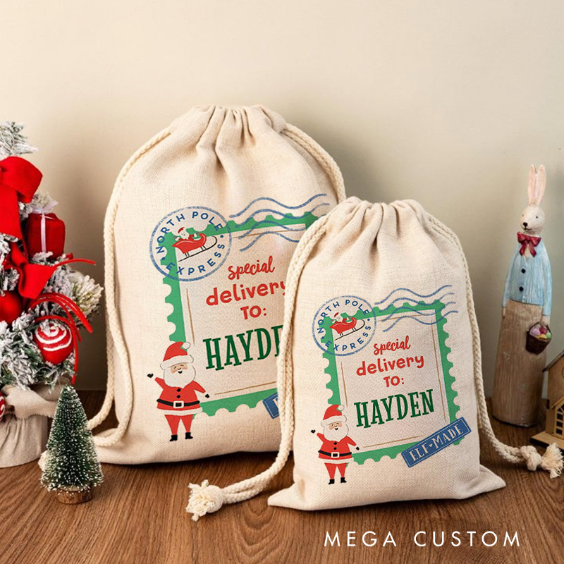 Personalized Special Delivery Christmas Bag with Elf Design and Name for a Magical Holiday Gift Experience