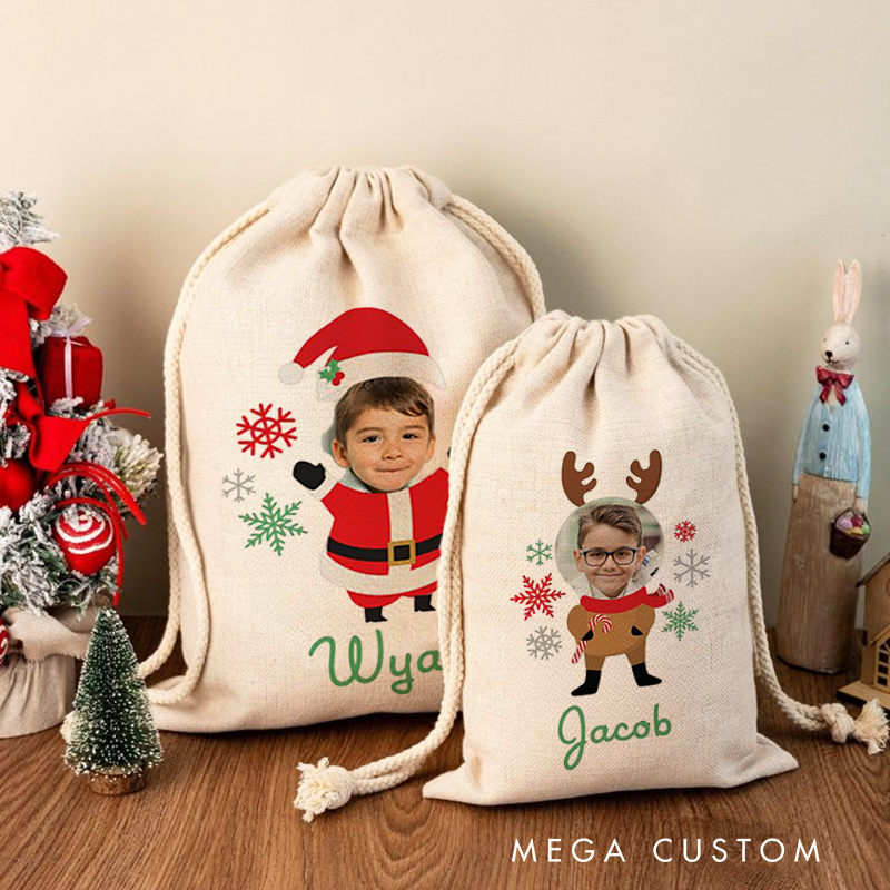 Personalized Photo Face Christmas Bag with Festive Elf Outfit and Name for a Joyful Holiday Surprise
