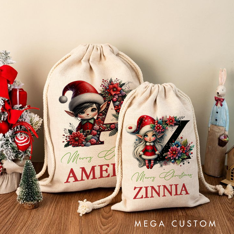 Personalized Cute Christmas Elf Floral Initial Ceramic Christmas Sack with Name Christmas Decor Gift