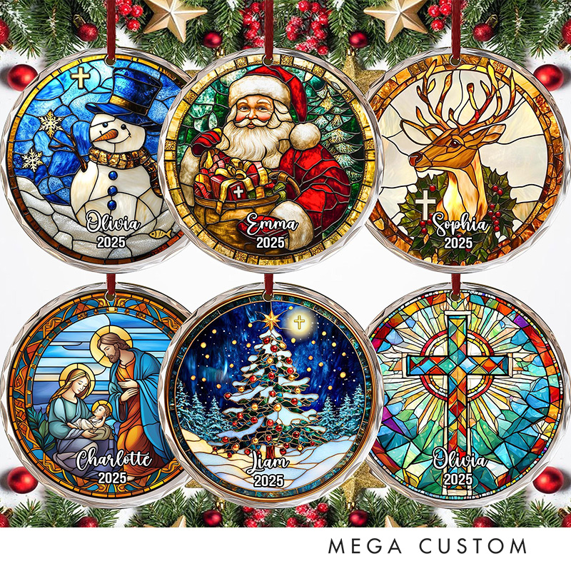 Personalized Santa Snowman Christmas Tree Cross Nativity Stained Glass Christmas Ornament with Name and Year Tree Decoration Christmas Christian Gift
