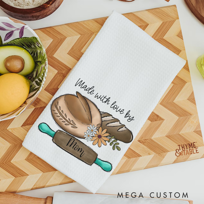 Personalized Made with Love Baking Kitchen Towel Custom Bread Themed Tea Dish Towel Hand Kitchen Towel Gift for Baking Lover