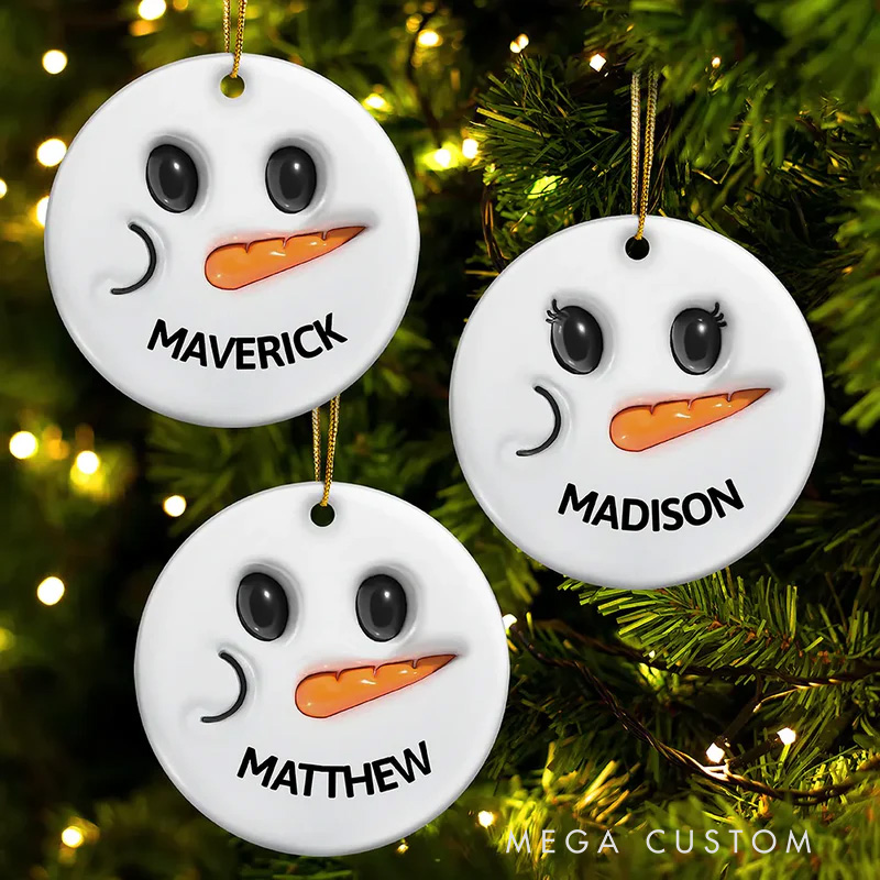 Personalized Snowman Smile Name 3D Inflated Effect Printed Combo Circle Ceramic Ornament Set