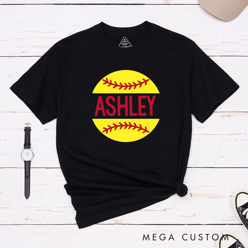 Personalized Softball T-Shirt Design Featuring Custom Name Bold Text and Bright Softball Graphic