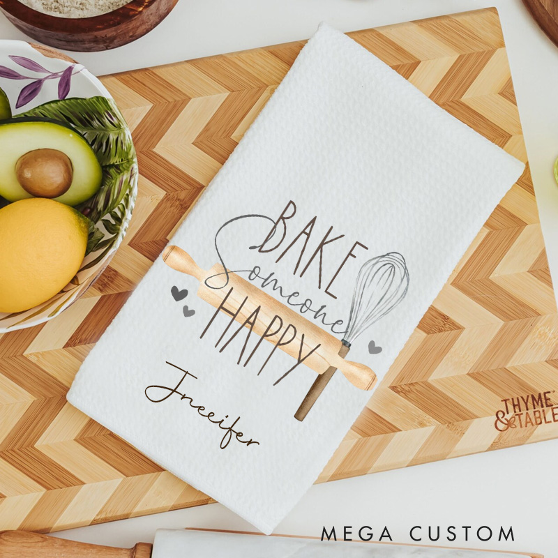Personalized Bake Someone Happy Kitchen Towel Kitchen Rolling Pin Dish Towel Kitchen Tool Hand Towel for Baking Lover Gift