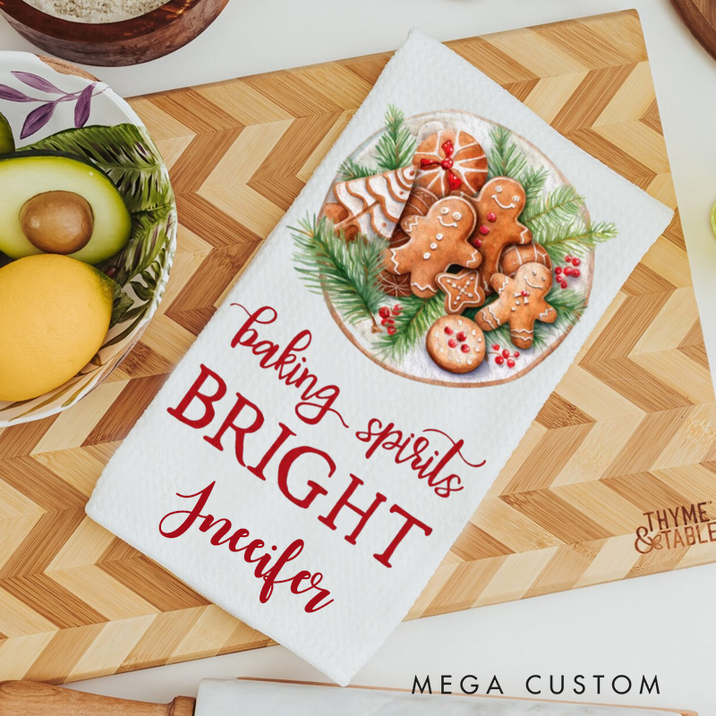 Personalized Baking Spirits Bright Kitchen Towel Christmas Cookies Dish Towel with Name Holiday Baking Hand Towel for Baking Lover Gift