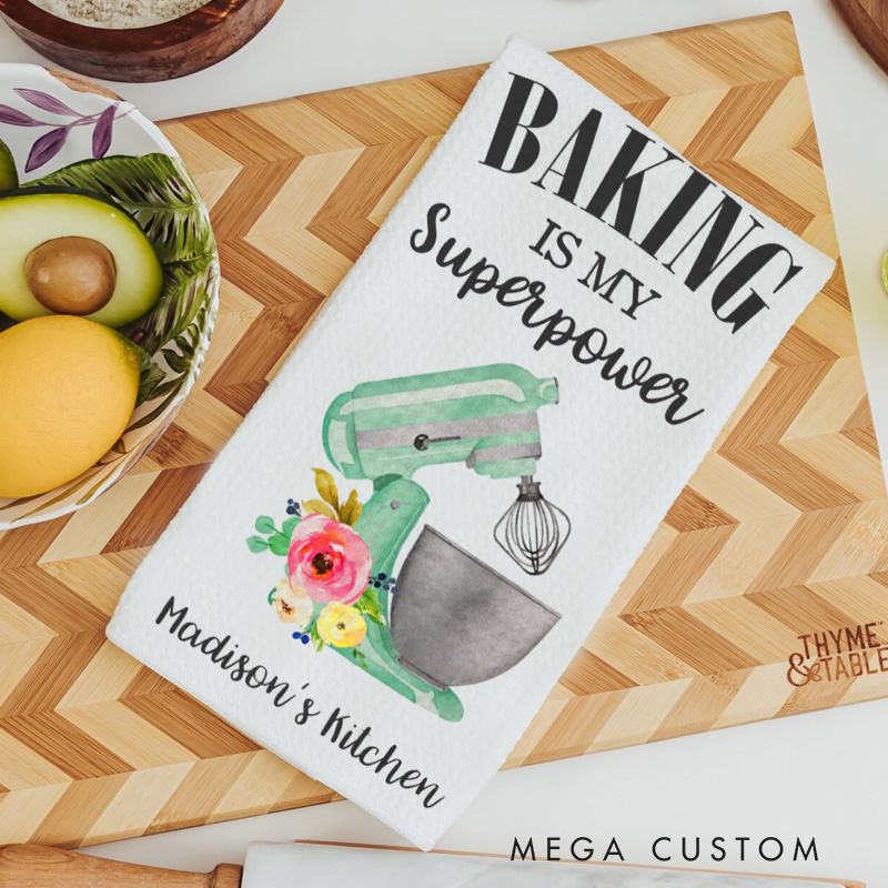 Personalized Baking is My Superpower Kitchen Towel Bakers Dish Towel with Name Kitchen Mixer Hand Towel for Baking Lover Gift
