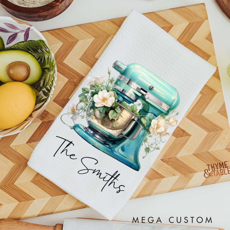 Personalized Aqua Floral Mixer Kitchen Towel Bakers Dish Towel with Name Kitchen Tool Hand Towel for Baking Lover Gift