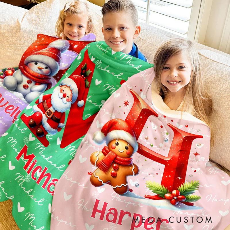 Personalized Santa Hat Snowman Penguin Initial Word Cloud Soft Throw Blanket with Name Home Decor Christmas Gift for Kids Family