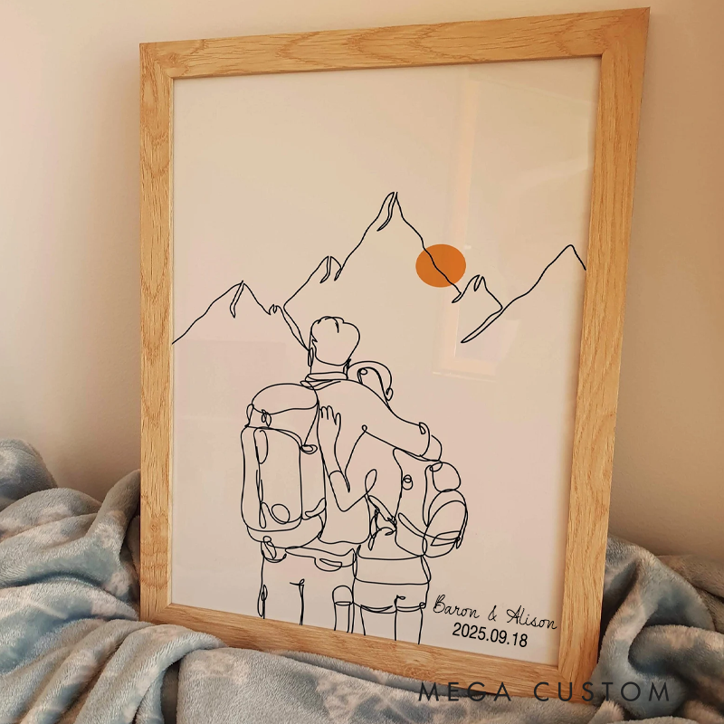 Personalized Minimalist Couple Hiking Line Art Friends Poster Room Decoration Trek Hike Walk Wall Art Outdoor Adventure Lover Gift
