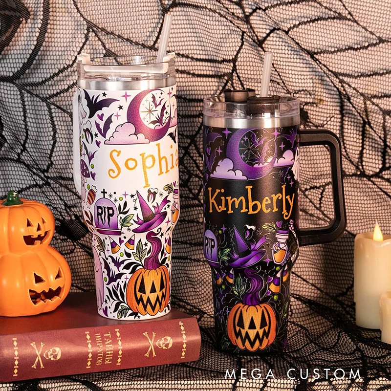 Personalized Name Halloween Ghost Pumpkin Tumbler 40oz Stainless Steel Halloween Spooky Tumbler with Lid Straw Halloween Gift