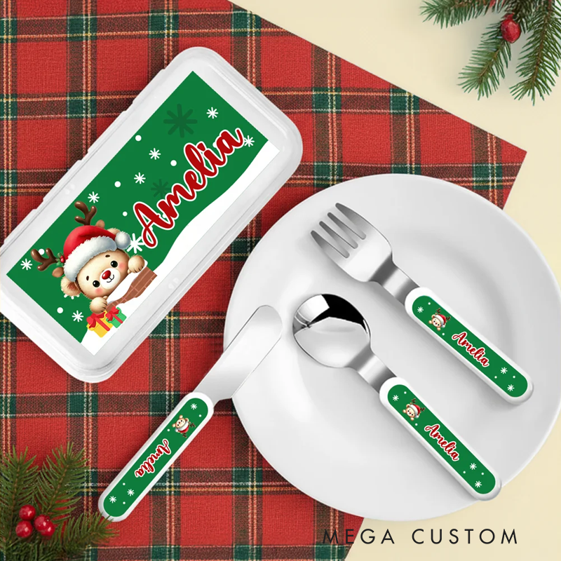 Personalized Cartoon Animal Snowflake Santa Hat Food-Grade Kid's Fork Spoon Knife 3 Pcs Cutlery Set with Name Christmas Party Gift 