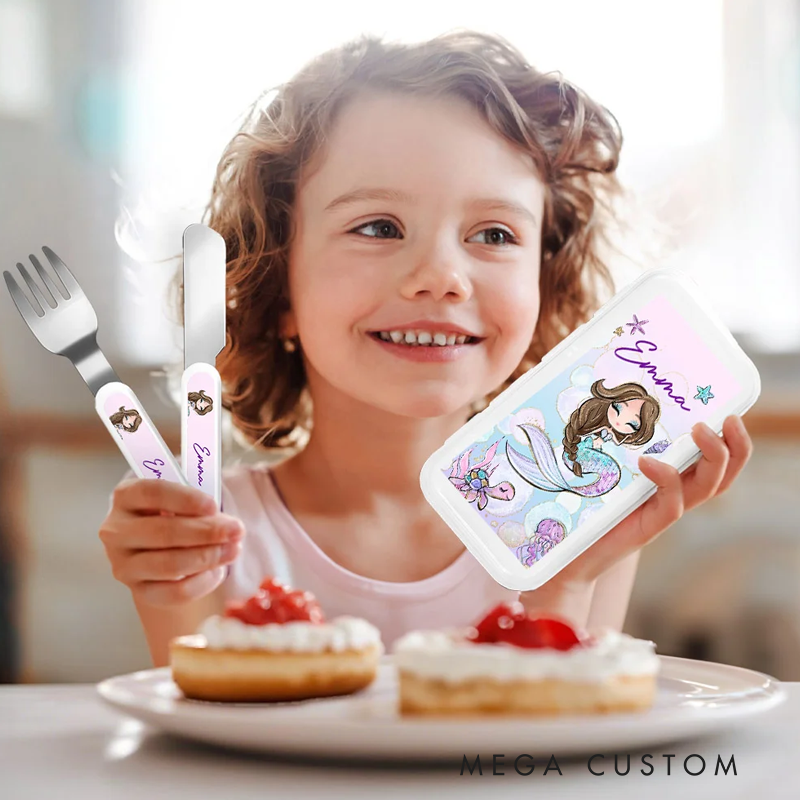 Personalized Fantasy Mermaid Kid's Fork Spoon Knife 3 Pcs Cutlery Set with Case and Name Birthday Gift