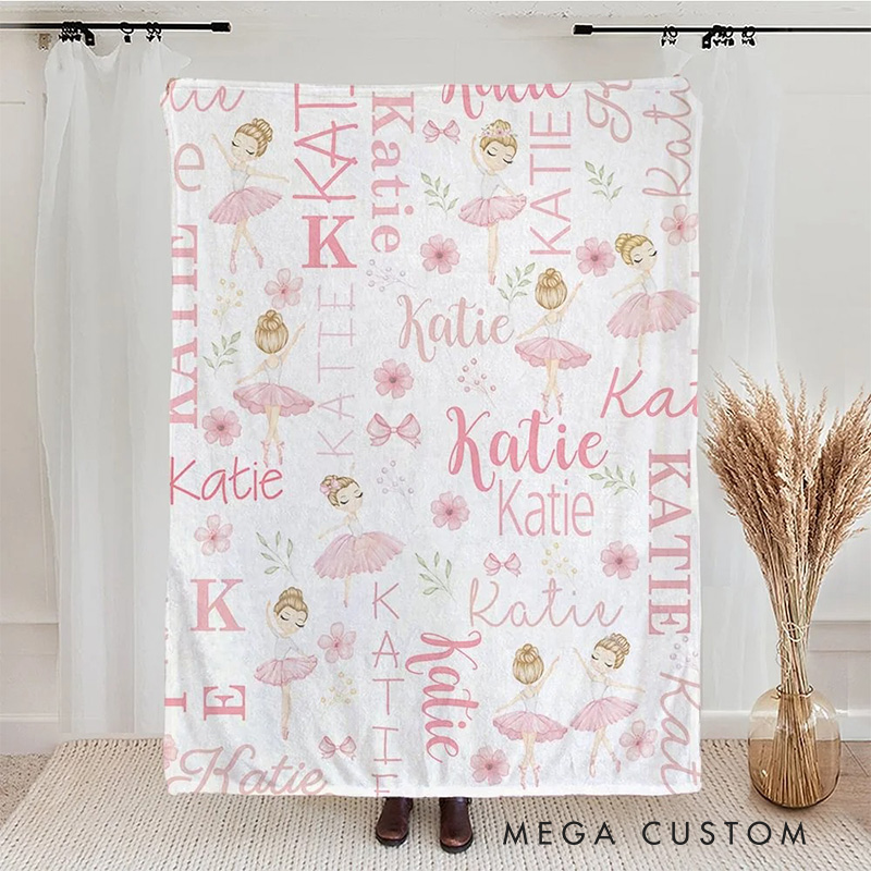 Personalized Cute Pink Ballet Girl Blanket Flannel Blanket Ballet Lover Blanket with Name for Dance Lovers Dancer