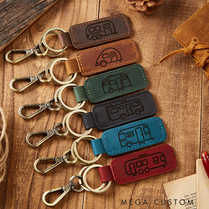 Personalized Happy Camper Leather Keychain Camping Key Chain Travel Camper Rv Gift