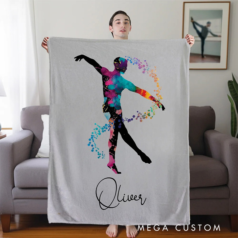 Personalized Watercolor Male Ballet Silhouette Blanket Flannel Blanket Ballet Lover Blanket with Name for Dance Lovers Dancer