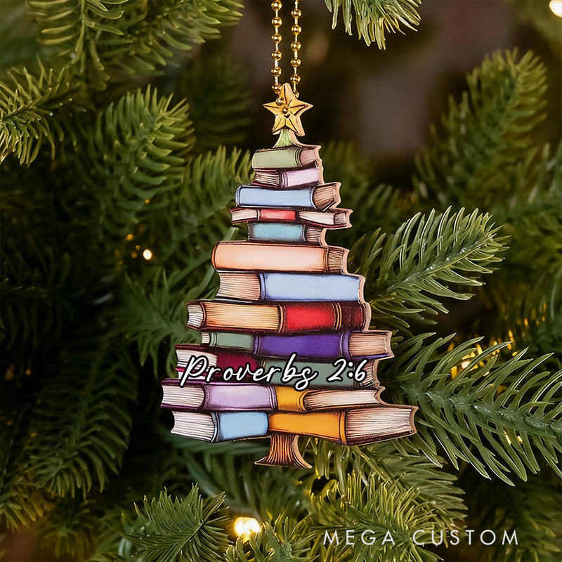 Personalized Book Tree Acrylic Christmas Ornament with Bible Verse Holiday Tree Window Car Decor Religious Christmas Gift Book Club Gift for Bookworms