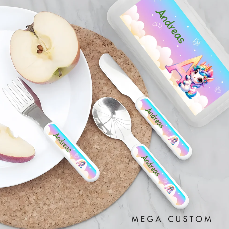 Personalized Fantasy Unicorn Initial Kid's Fork Spoon Knife 3 Pcs Cutlery Set with Name and Case Birthday Back to School Gift 