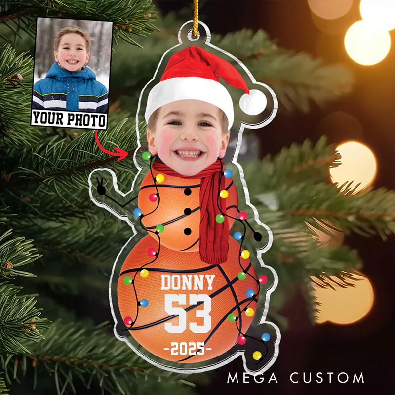 Personalized Sports Snowman Christmas Ornament with Custom Photo, Name, Number, and Year