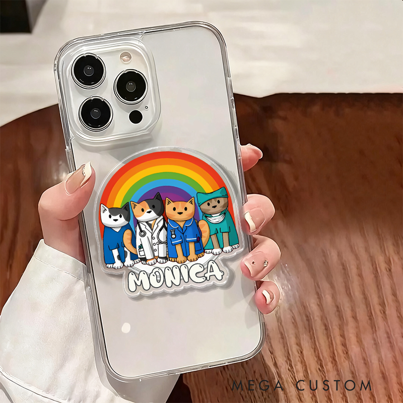 Personalized Rainbow Cat Nurses Phone Grip Custom Name Medical-Themed Accessory
