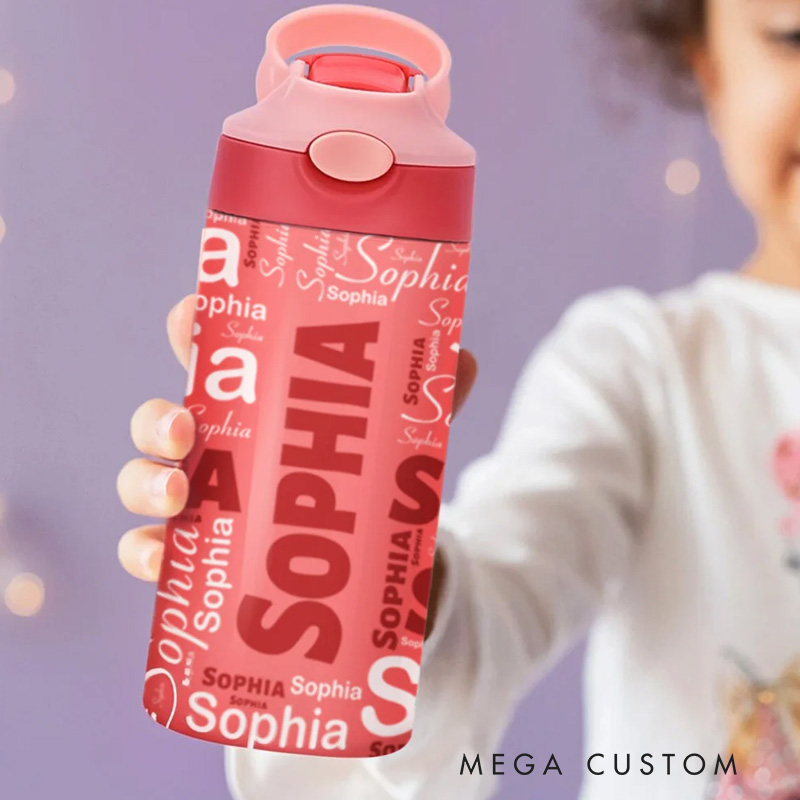 Personalized Colorful 12oz Name Water Bottle with Silicone Straw and Spill Proof Lid Children's Day Back to School Gift for Kids
