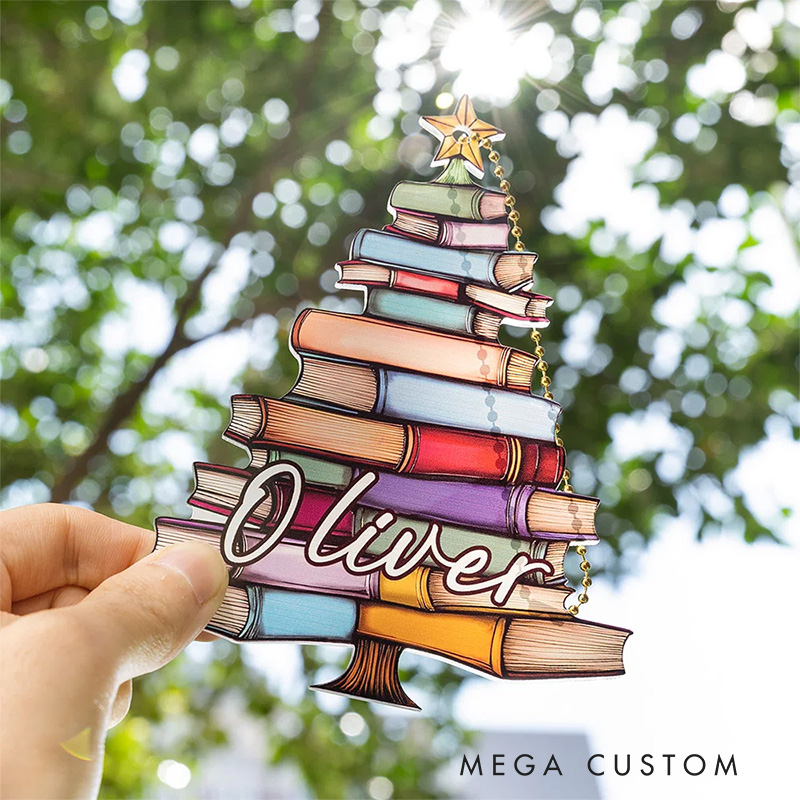 Personalized Book Tree Suncatcher Christmas Ornament Holiday Tree Window Car Decor with Name Birthday Book Club Gift for Bookworms Librarians