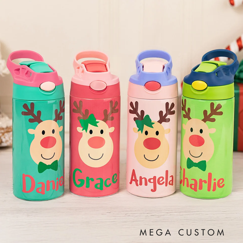 Personalized Colorful Reindeer 12oz Water Bottle with Name and Silicone Straw Birthday Christmas Gift
