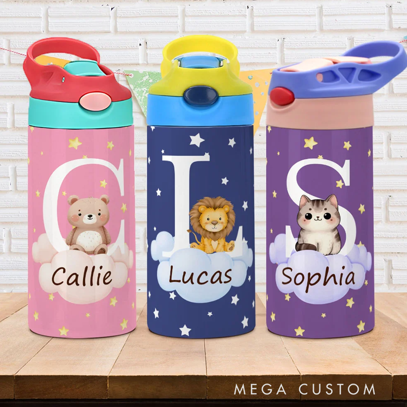Personalized Initial Cute Forest Animal 12oz Kid Insulated Name Water Bottle with Handle and Silicone Straw Birthday Back To School Gift 