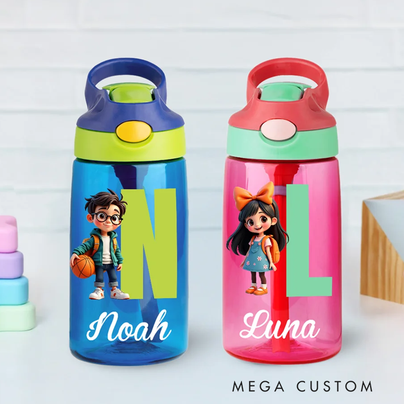 Personalized Cartoon Character 16 oz Kid Water Bottle with Name and Initial Outdoor Activities Birthday Christmas Back to School Gift 
