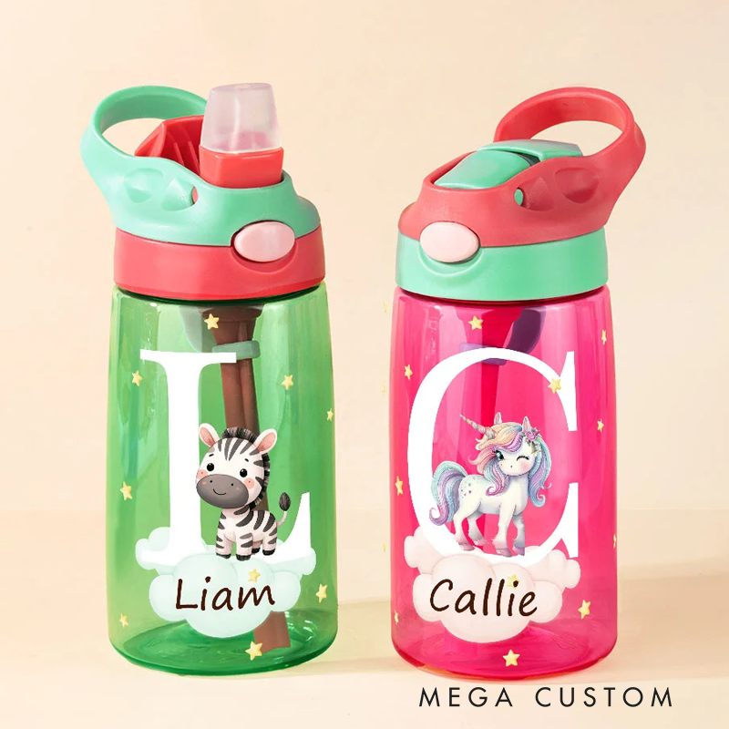 Personalized Adorable Forest Animal 16 oz Kid Water Bottle with Name and Silicone Straw Birthday Back to School Gift