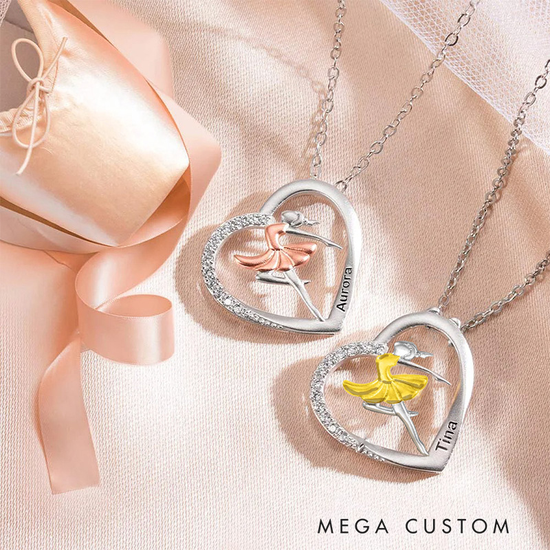 Personalized Ballet Dancing Girl Necklace Engraved Name Heart Pendant Jewelry Gift for Ballerina Dancer Dance Lovers